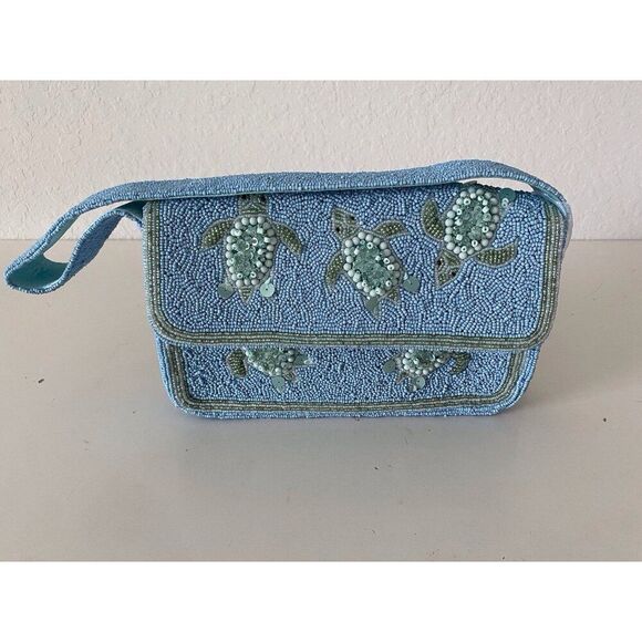 Handcrafted In India Sea Turtle Beaded Shoulder Bag Blue Green Aqua Viral NEW - Picture 2 of 16